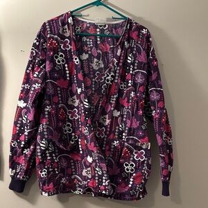 L-XL Scrub Jacket Colorful Floral Patterned Snap Buttons
